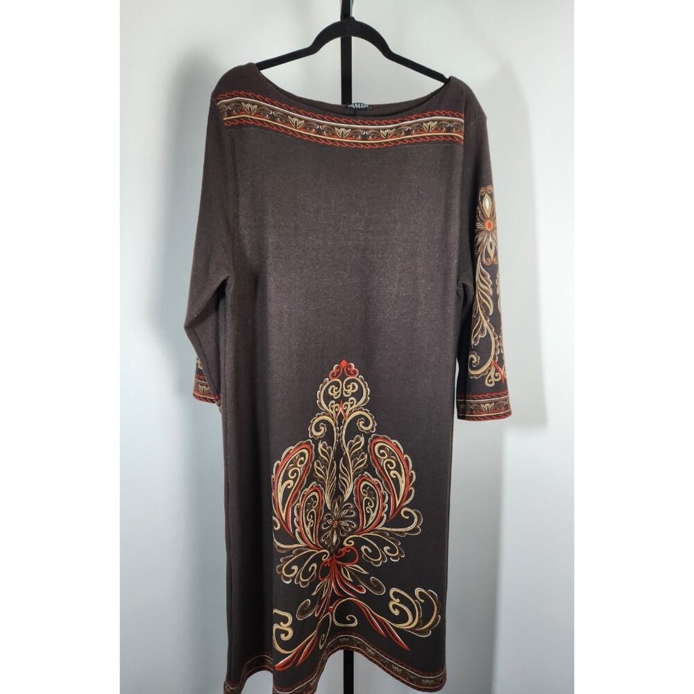 1990s FOREVER WOMAN Brown Boho Sweater Dress With Paisley Floral Design Size 3X